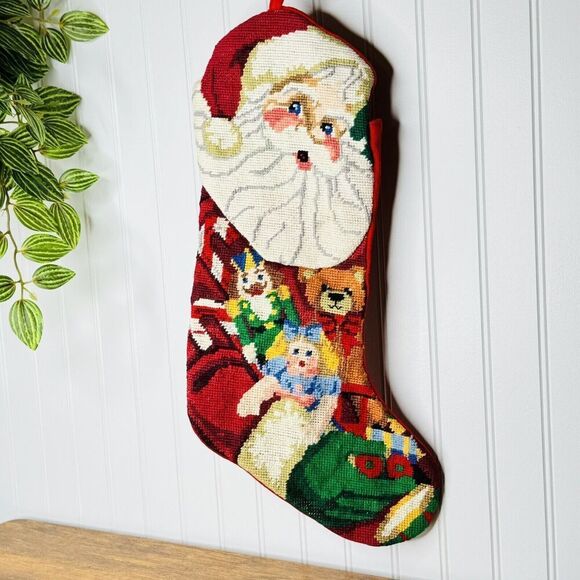 Vintage Santa Face Finished Needlepoint Christmas Stocking Toy Bag Teddy Bear - Picture 2 of 9